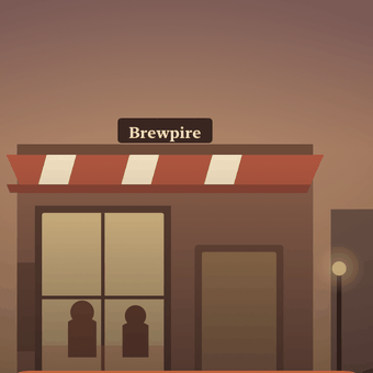 The facade of Grandma's corner café at dusk, as shown on the Brewpire start screen