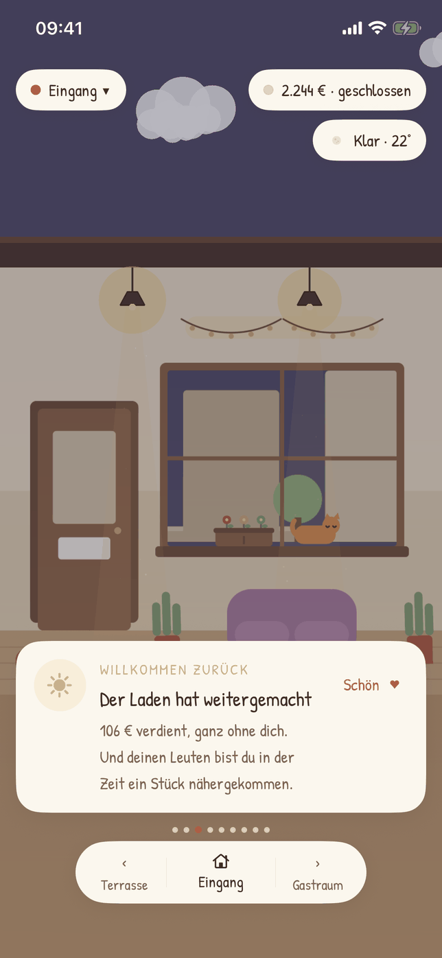 The same shop in the evening — string lights on, Mitsu dozing on the window sill, and the shop kept going without you