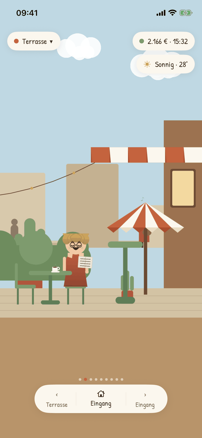 The terrace in the sun: a guest reading over coffee under the parasol, string lights above