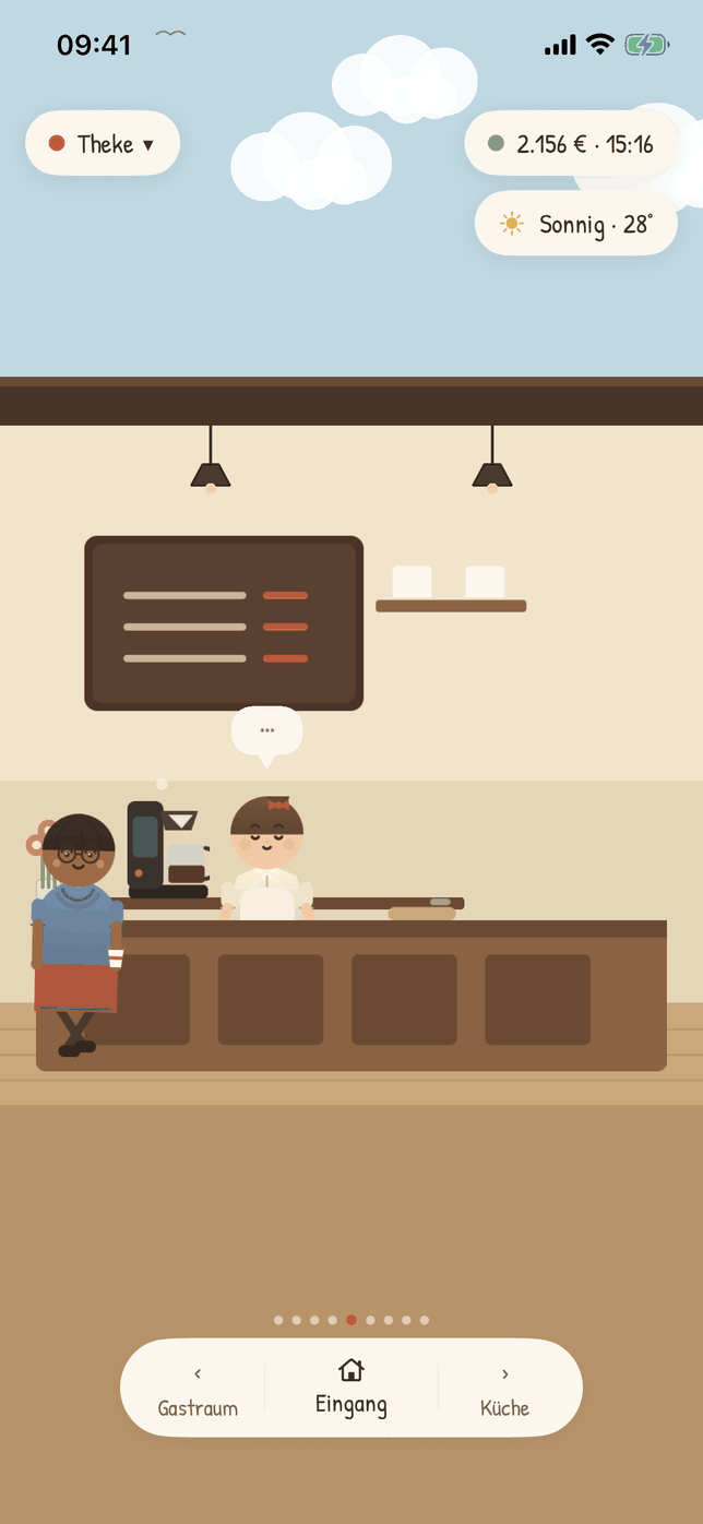 Brewpire, the cozy coffee shop game: barista Nomi serving a regular at the counter, with the menu board and espresso machine behind her