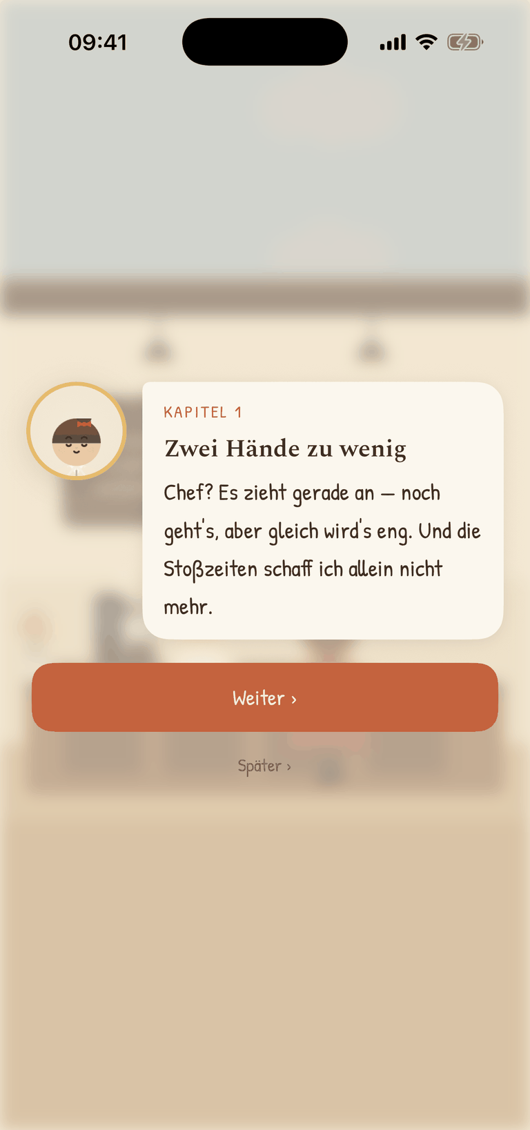 A story moment in the game: barista Nomi asks for help through the rush in "Chapter 1 · Two hands short"